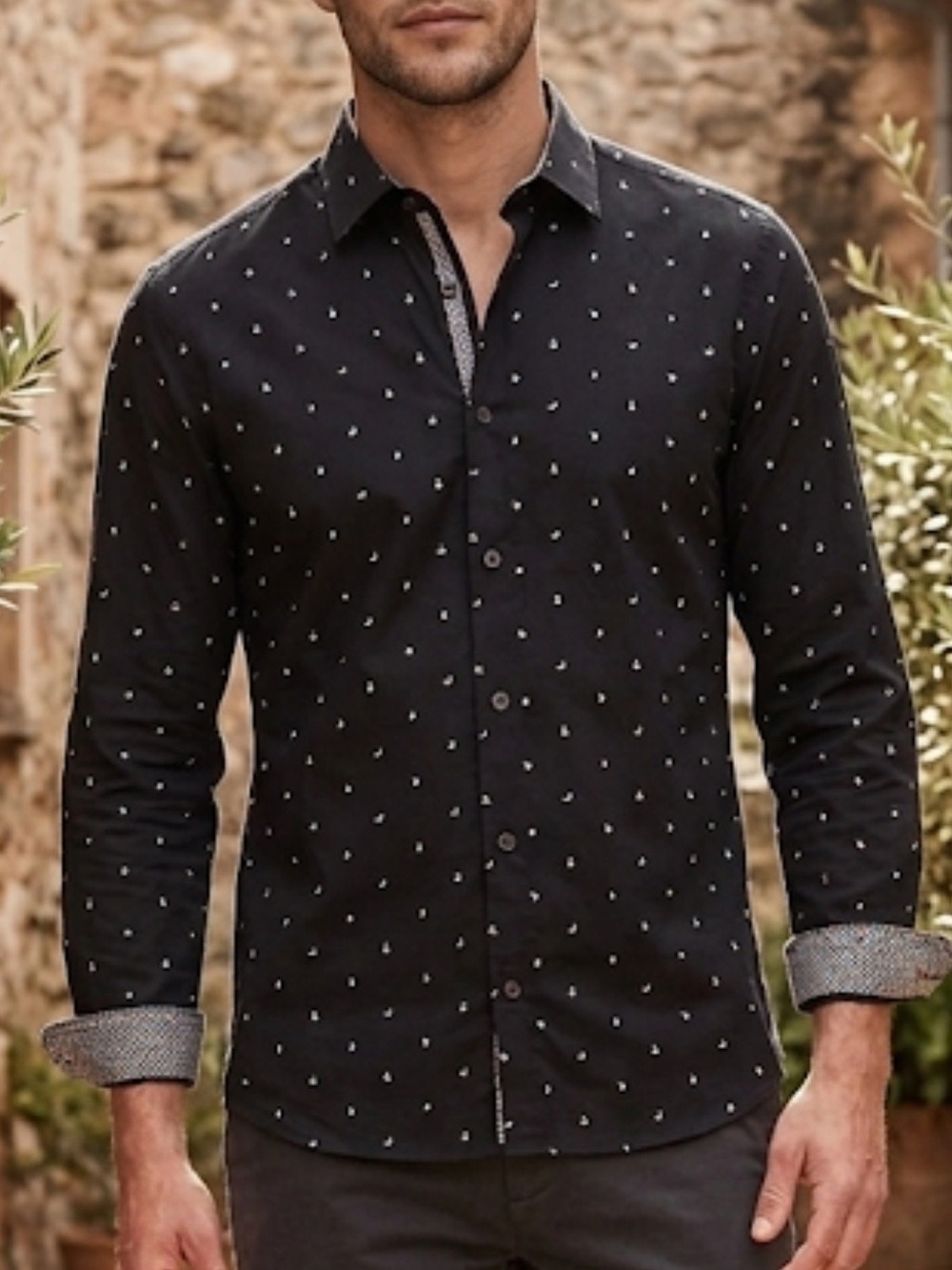 TED BAKER Dark Blue Button-Up Shirt Fruit Print Cuff Detail Size 1 Small
